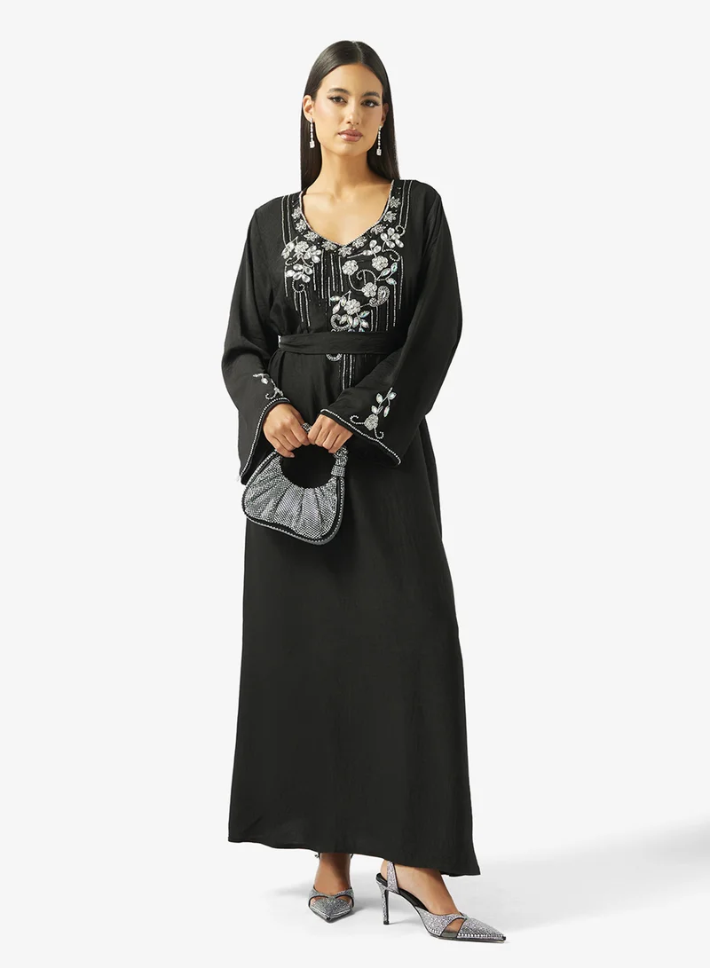 Floral Beaded Embroidery Work At Front Section And Belt Jalabiya